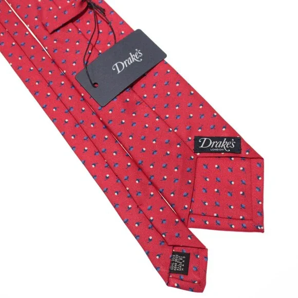 Drake's NWT Neck Tie in Red with Blue / White Mini Floral Pattern 100% Silk